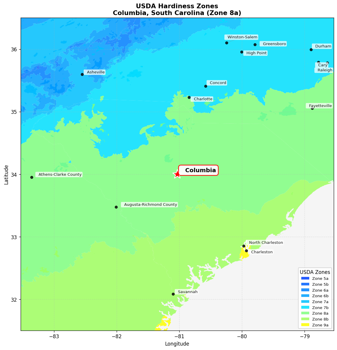 USDA Hardiness Zone 8a Map for Columbia, SC